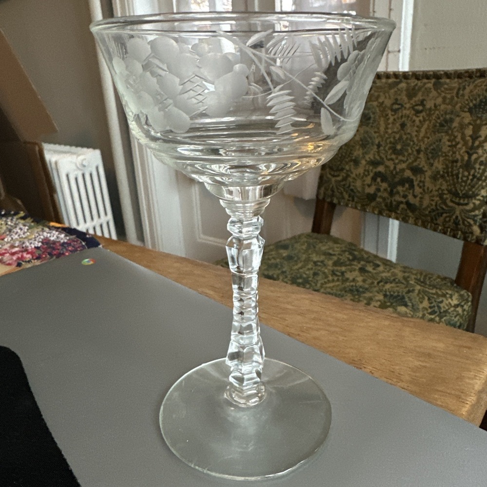 Vintage 1940's Libbey Rock Sharpe Arctic Rose Halifax Champagne Glass 6 1/8"